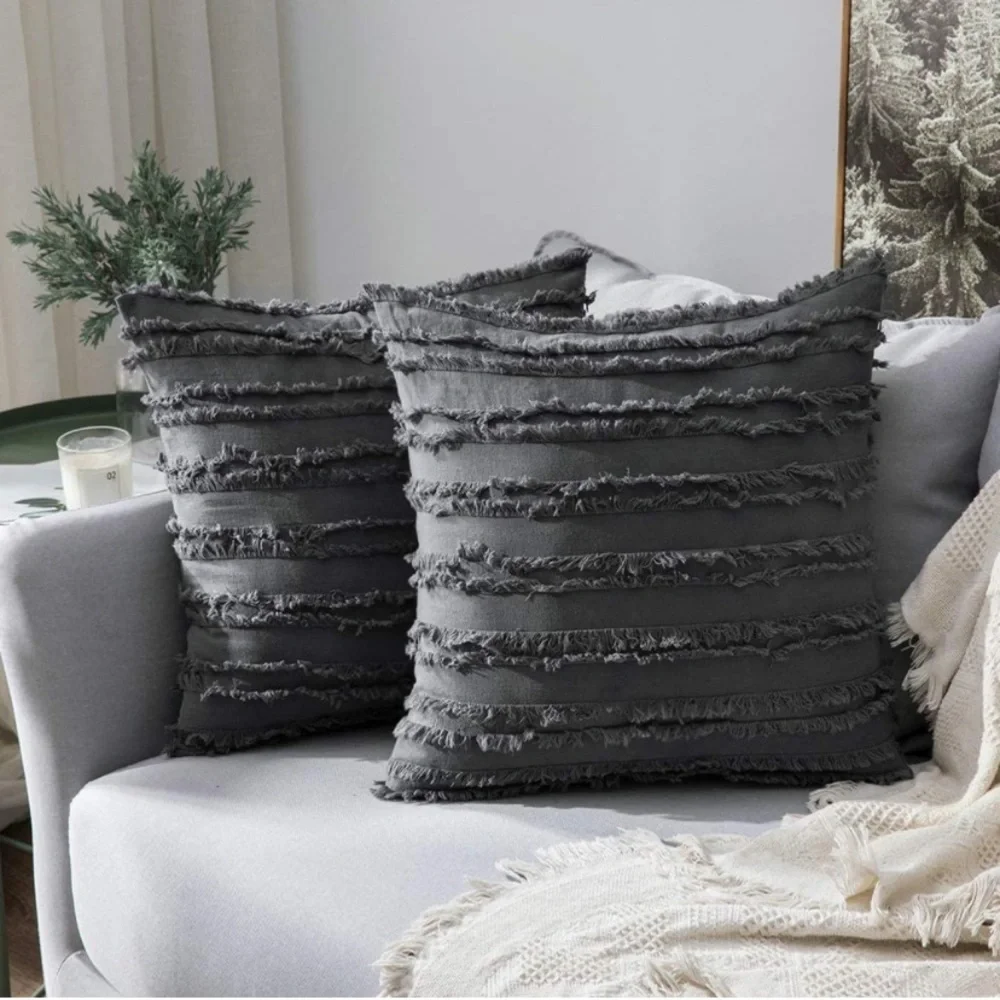 Luxury Home | Boho Chic Dark Grey Frayed Striped Jaquard Throw Pillow Covers